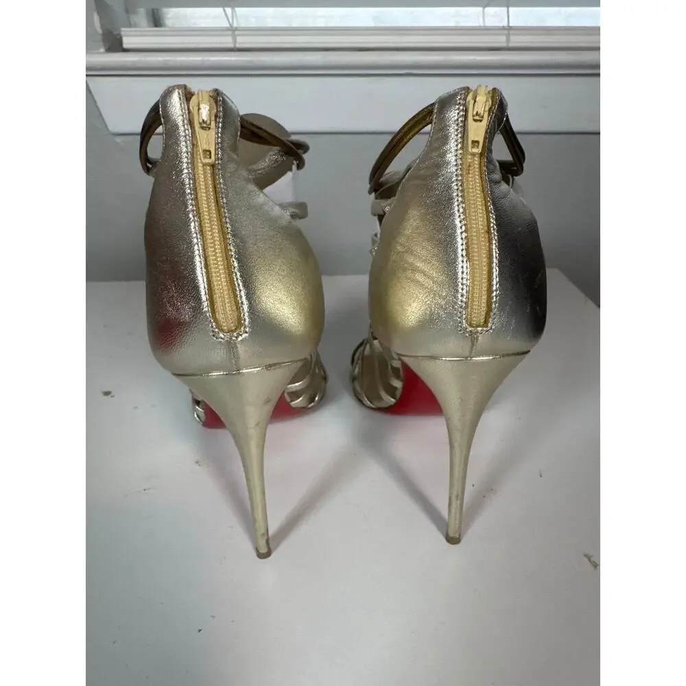 Christian Louboutin Nappa Silk Milla 100 Sandals Heels + Dust Bag Gold Gladiator